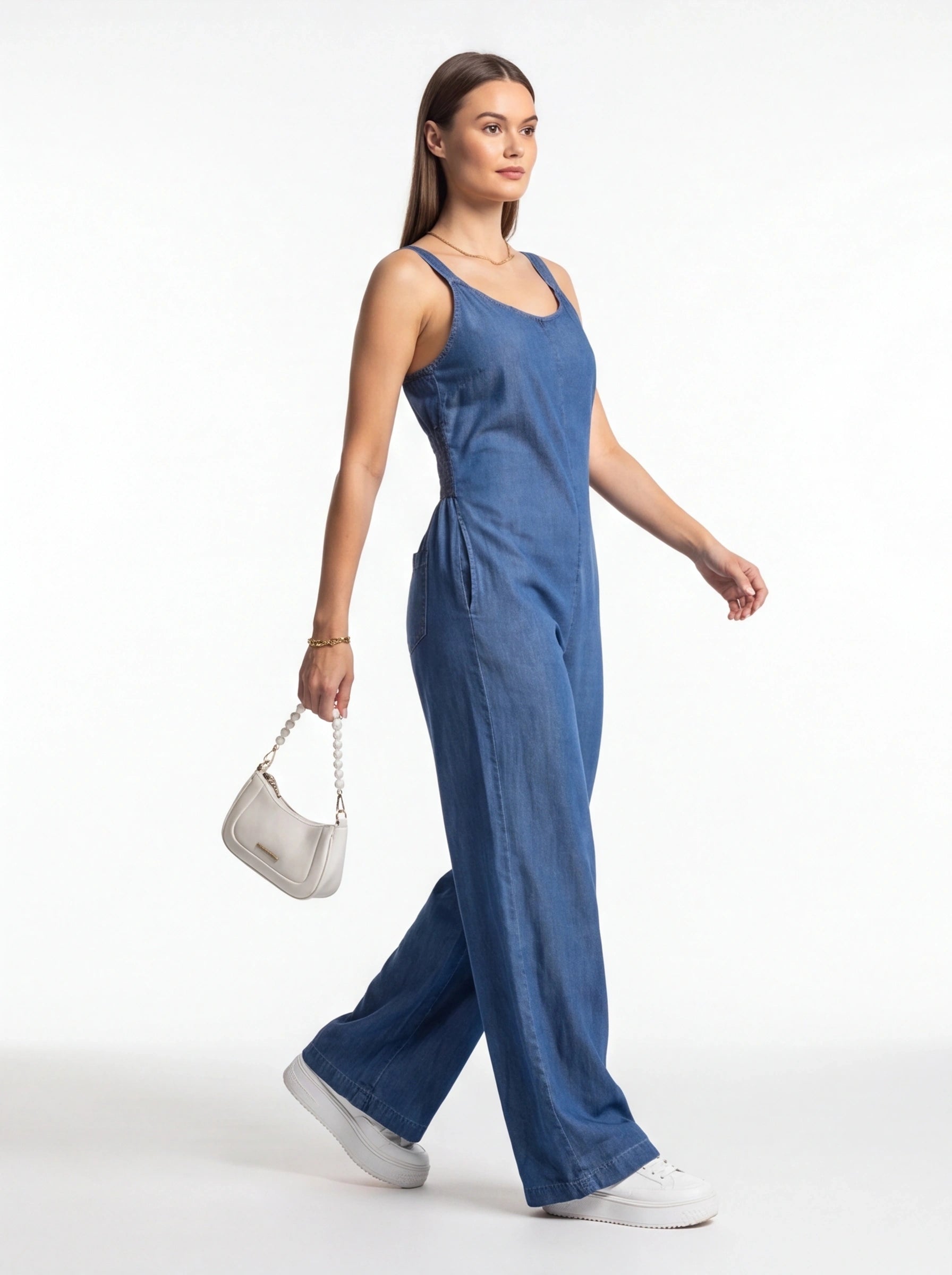 Wide-Leg Denim Jumpsuit with Adjustable Straps - Jamota