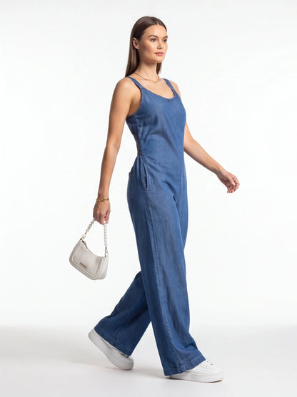 Wide-Leg Denim Jumpsuit with Adjustable Straps - Jamota