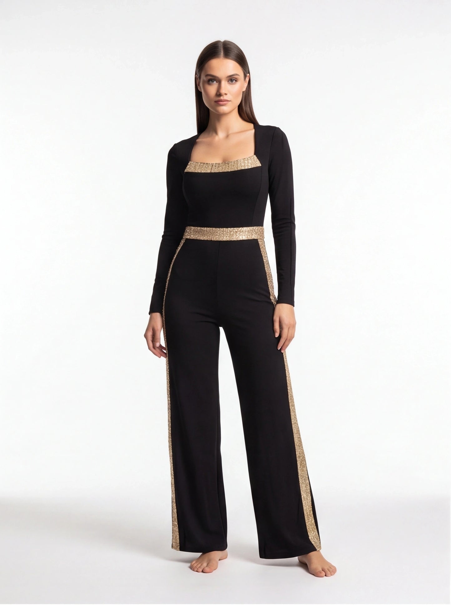 Jamota black jumpsuit with gold sequin trim at square neckline, waist and side seams