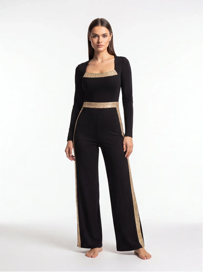 Jamota black jumpsuit with gold sequin trim at square neckline, waist and side seams