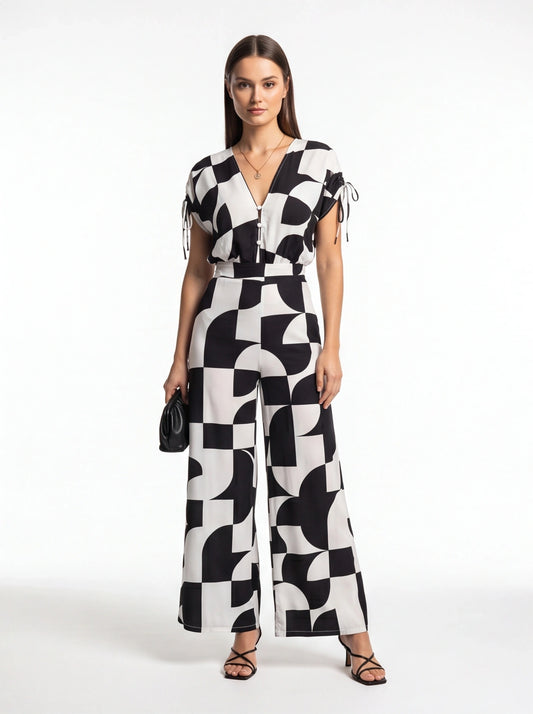 Stylish Geometric Casual Jumpsuit with Pockets and Adjustable Straps by Jamota One-Pieces Jumpsuits & Rompers