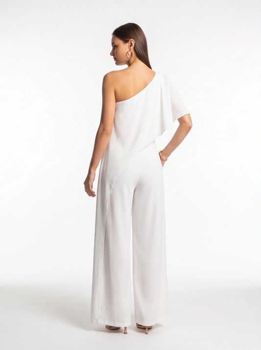 White One-Shoulder Wide-Leg Jumpsuit with Draped Overlay Elegant Evening Outfit with Pockets and Adjustable Straps - Jamota