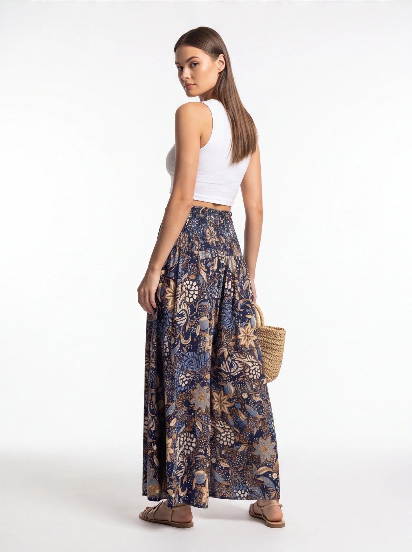 Vintage Floral Print High Waist Wide Leg Pants with Shirred Detail