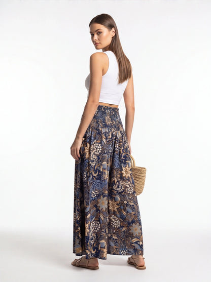 Vintage Floral Print High Waist Wide Leg Pants with Shirred Detail