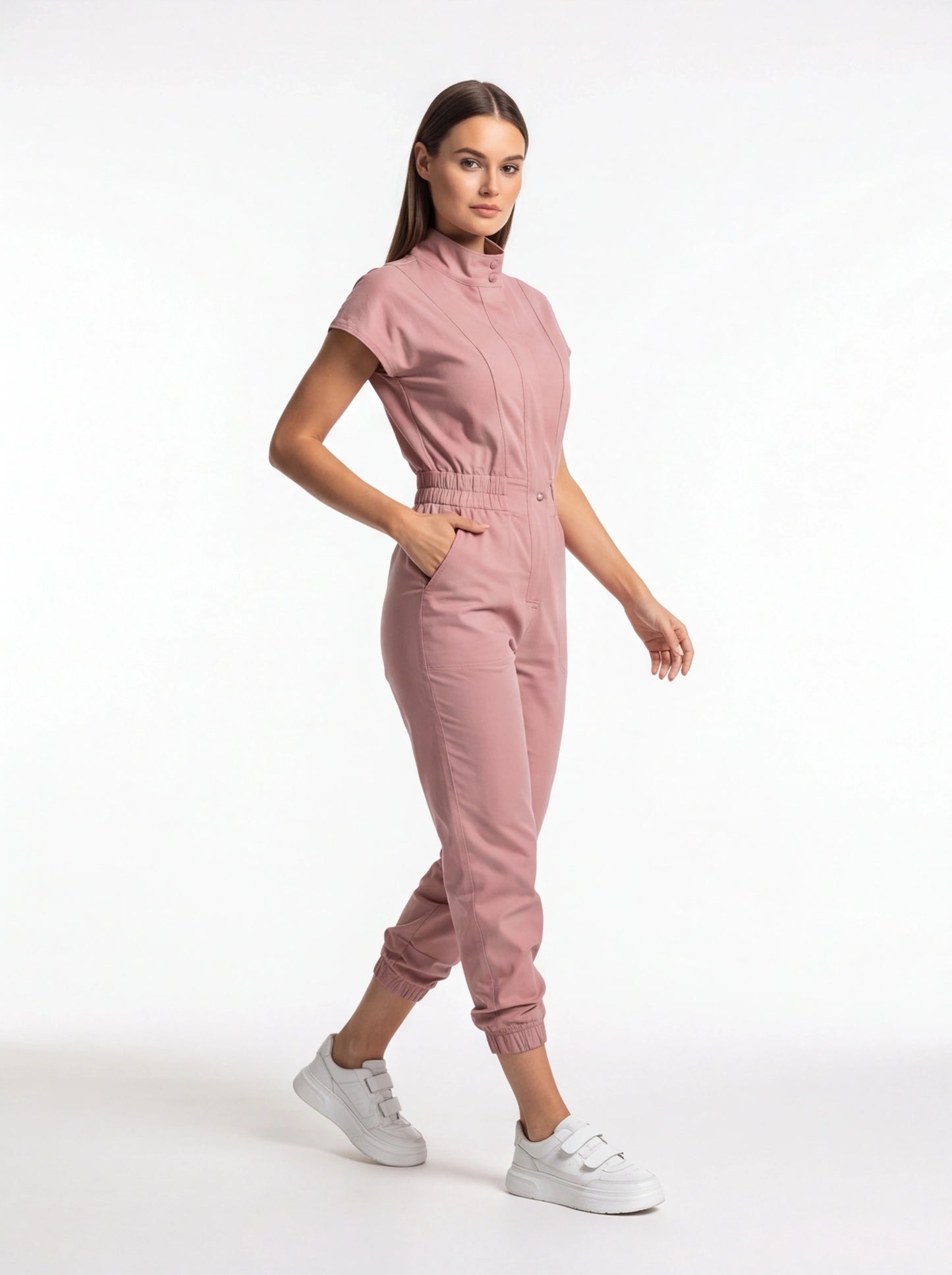 Jamota dusty pink jumpsuit with pockets, elastic waist, stand collar with buttoned placket, and short sleeves