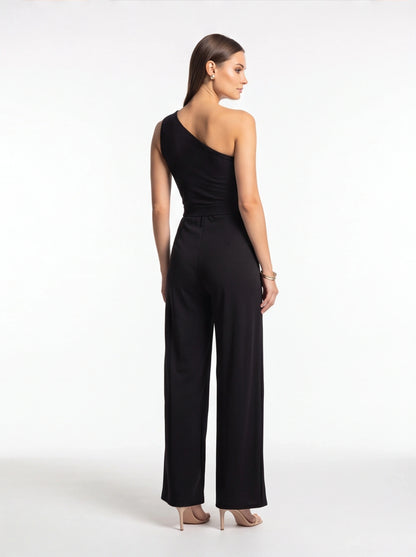 Jamota black one-shoulder women's jumpsuit with a high waist and wide-leg silhouette.