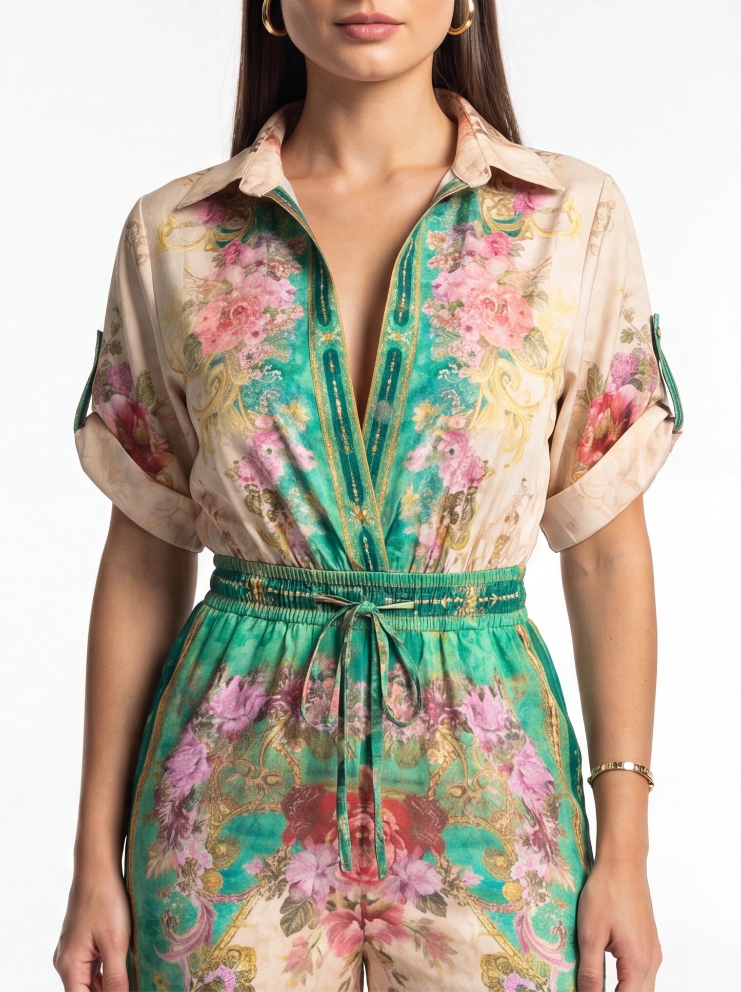 Floral Wide-Leg Jumpsuit with Roll-Up Sleeves - Jamota