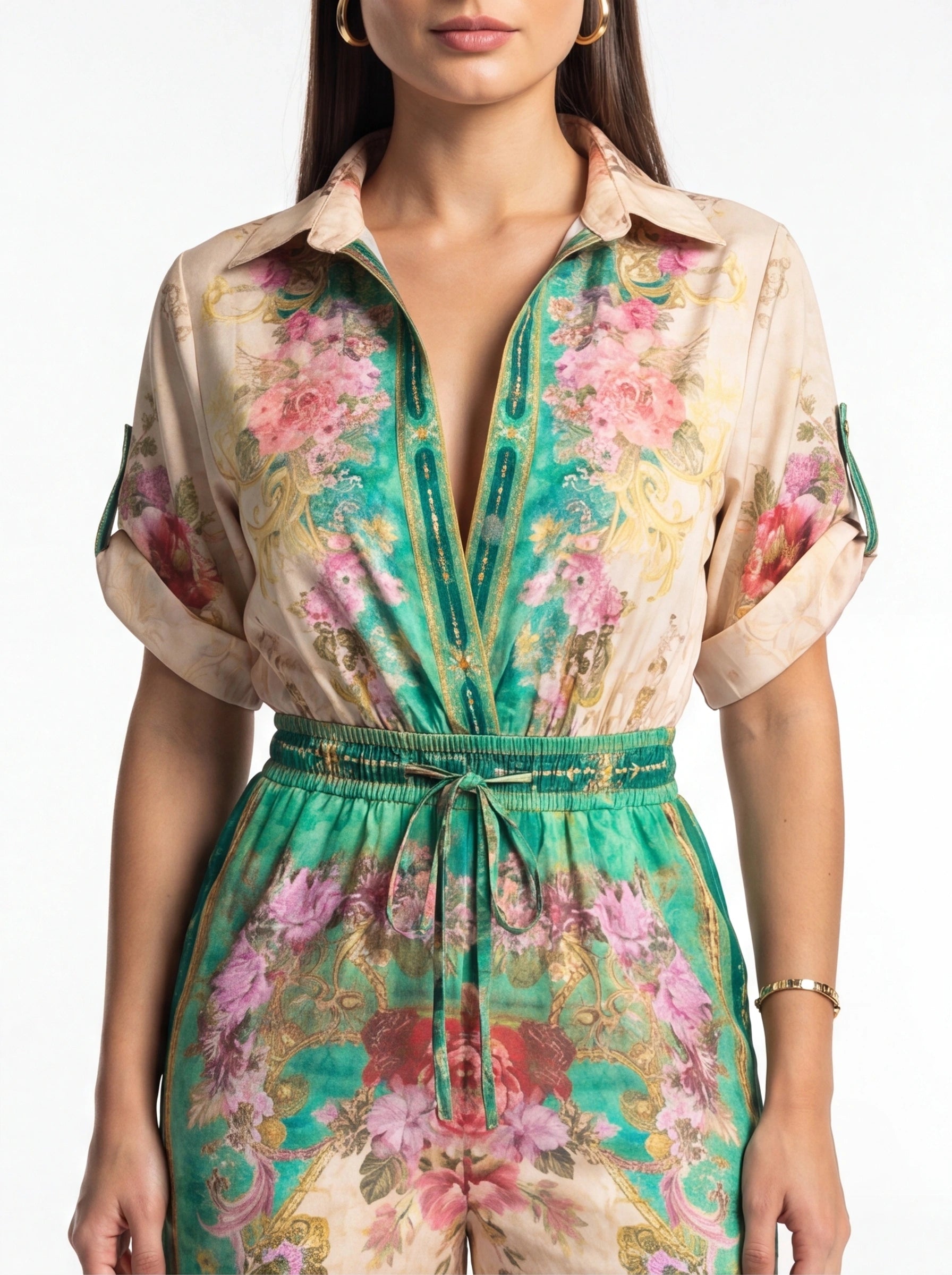 Floral Wide-Leg Jumpsuit with Roll-Up Sleeves - Jamota
