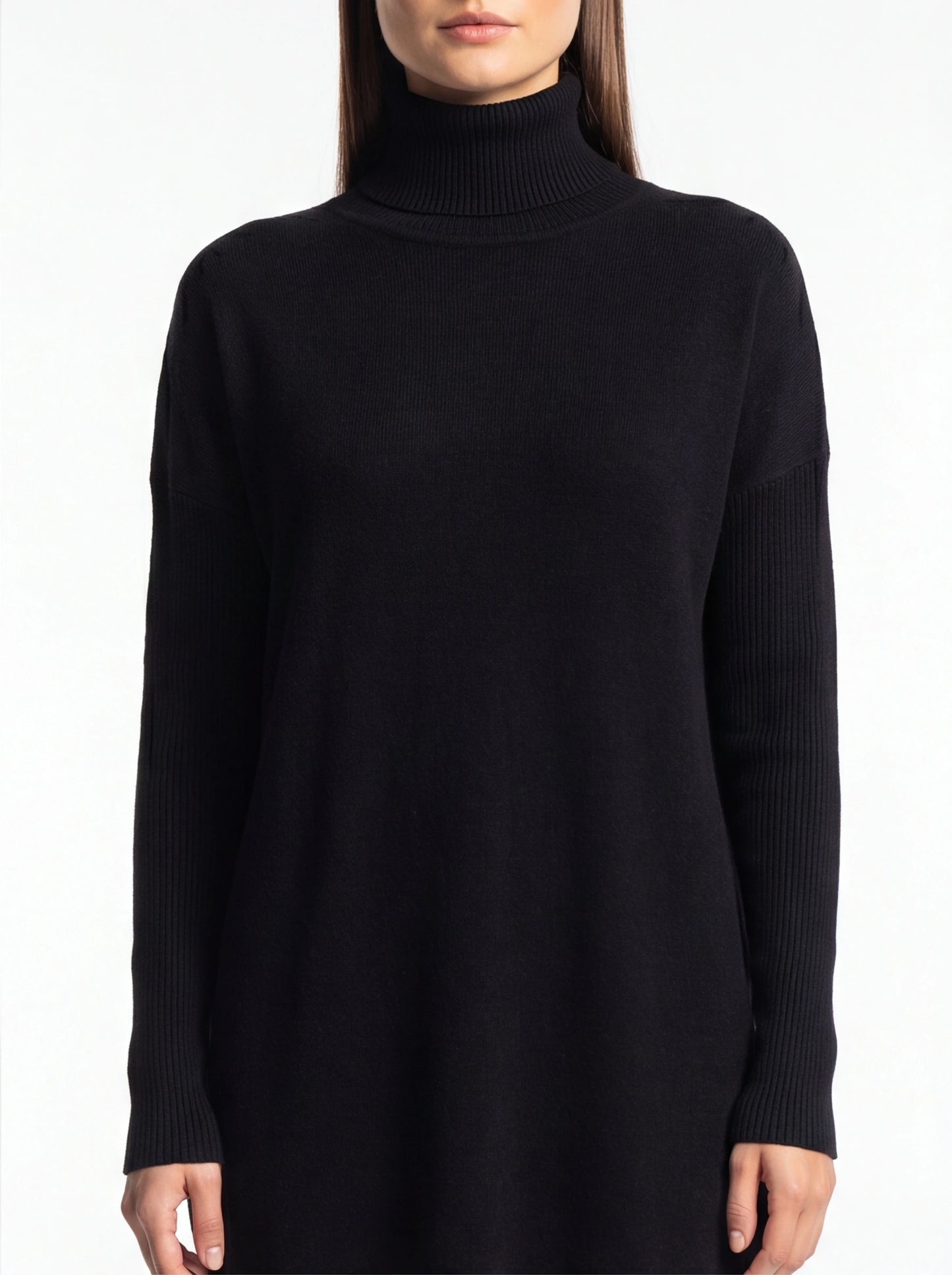 Cozy Black Turtleneck Sweater Dress with Long Sleeves and Ribbed Detail - Jamota