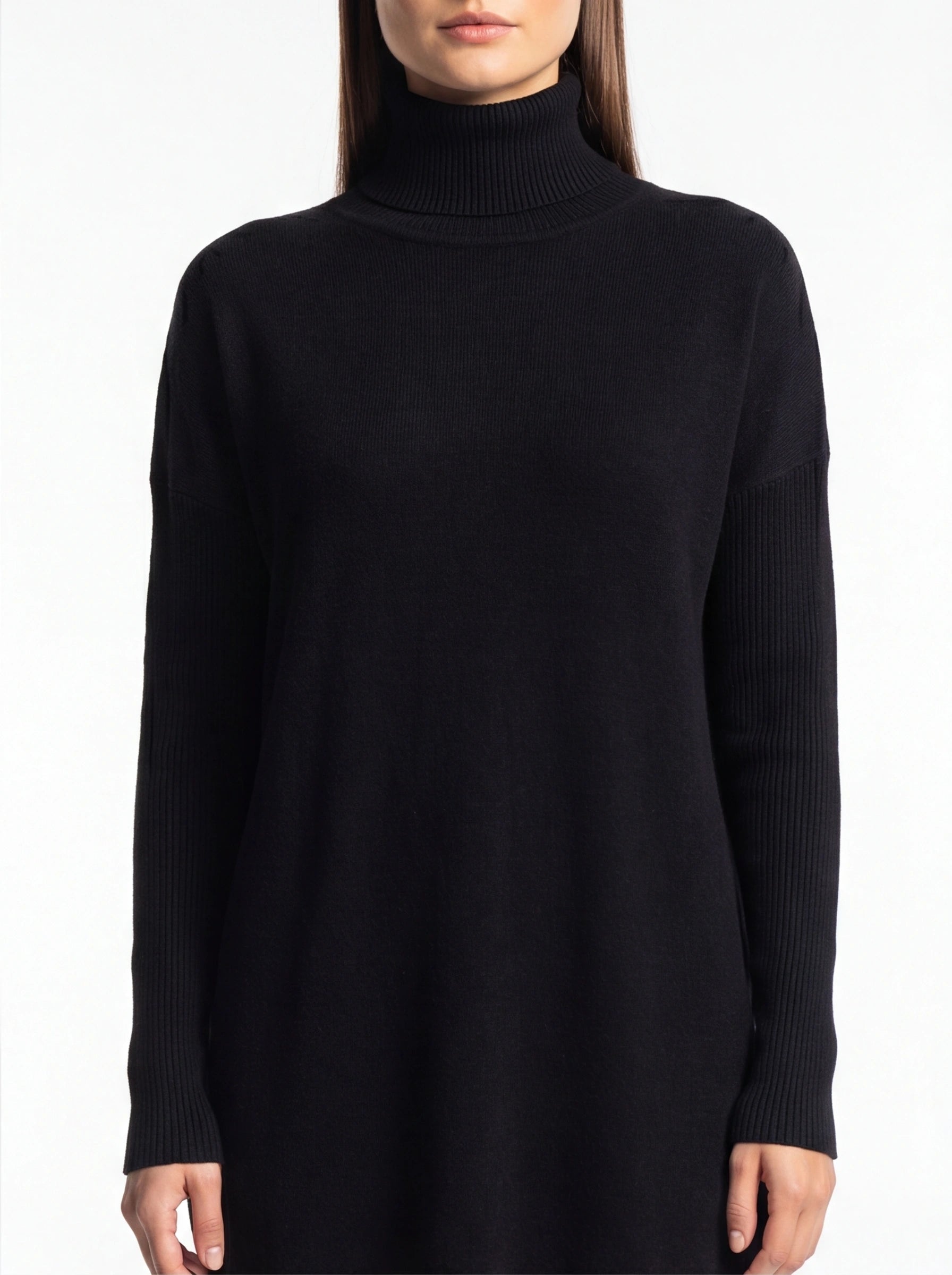 Cozy Black Turtleneck Sweater Dress with Long Sleeves and Ribbed Detail - Jamota