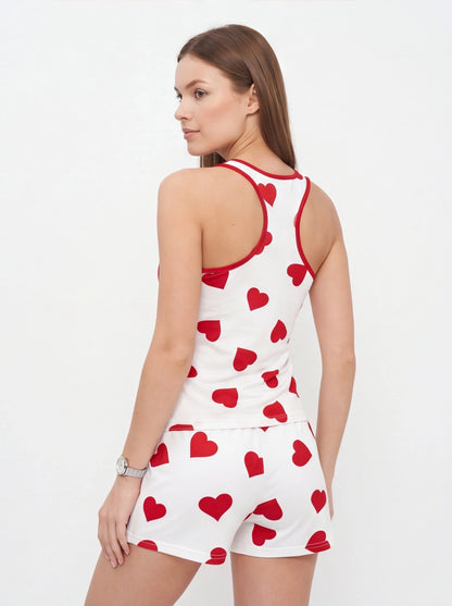 Jamota white heart print pajamas with red trim, sleeveless racerback top and matching shorts