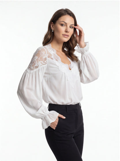 Elegant Airy Lace Collar Blouse - Professional Fit, Breathable Fabric
