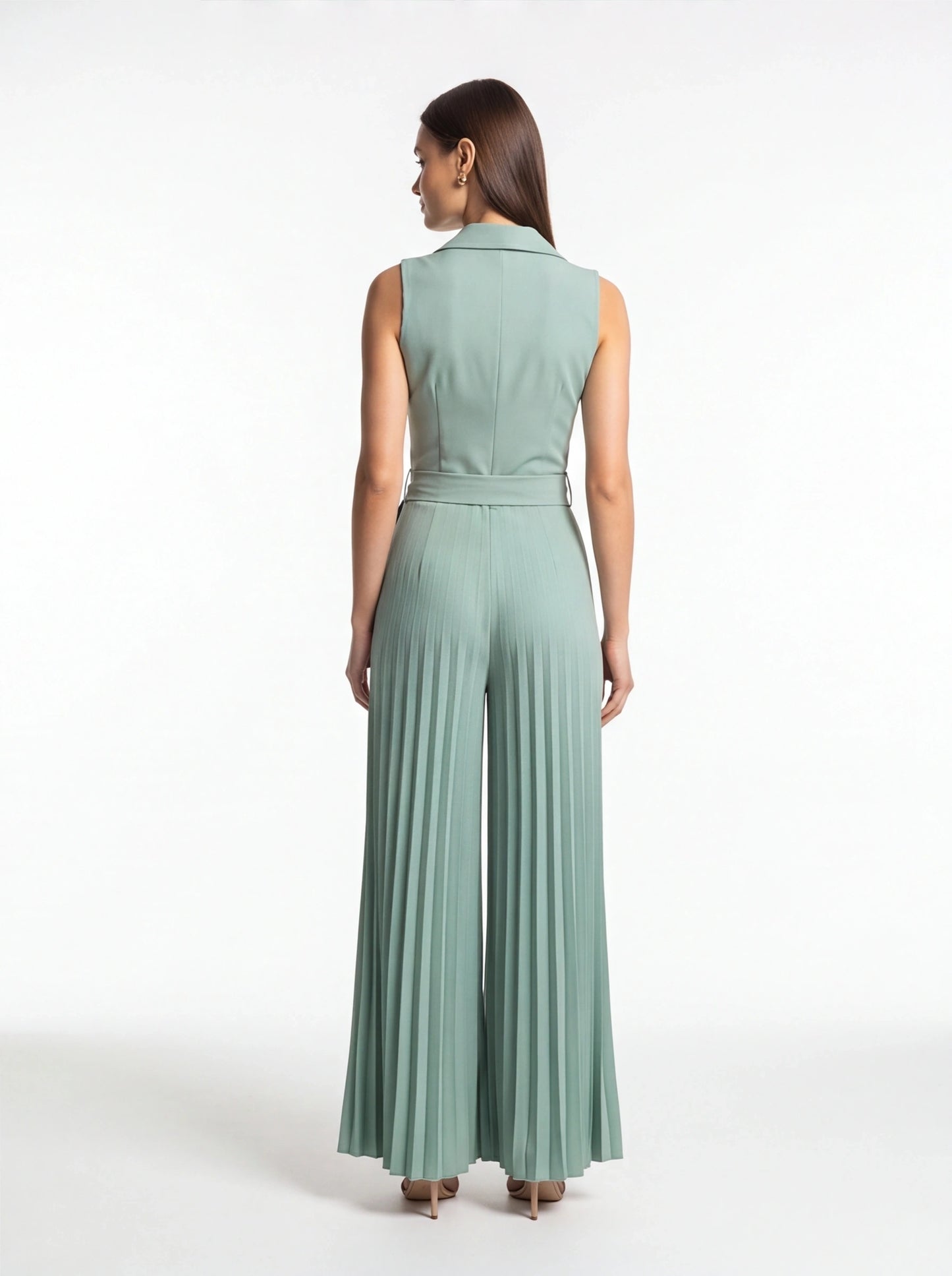 Wide-Leg Jumpsuit with Notched Collar and Belted Waist by Jamota One-Pieces Jumpsuits