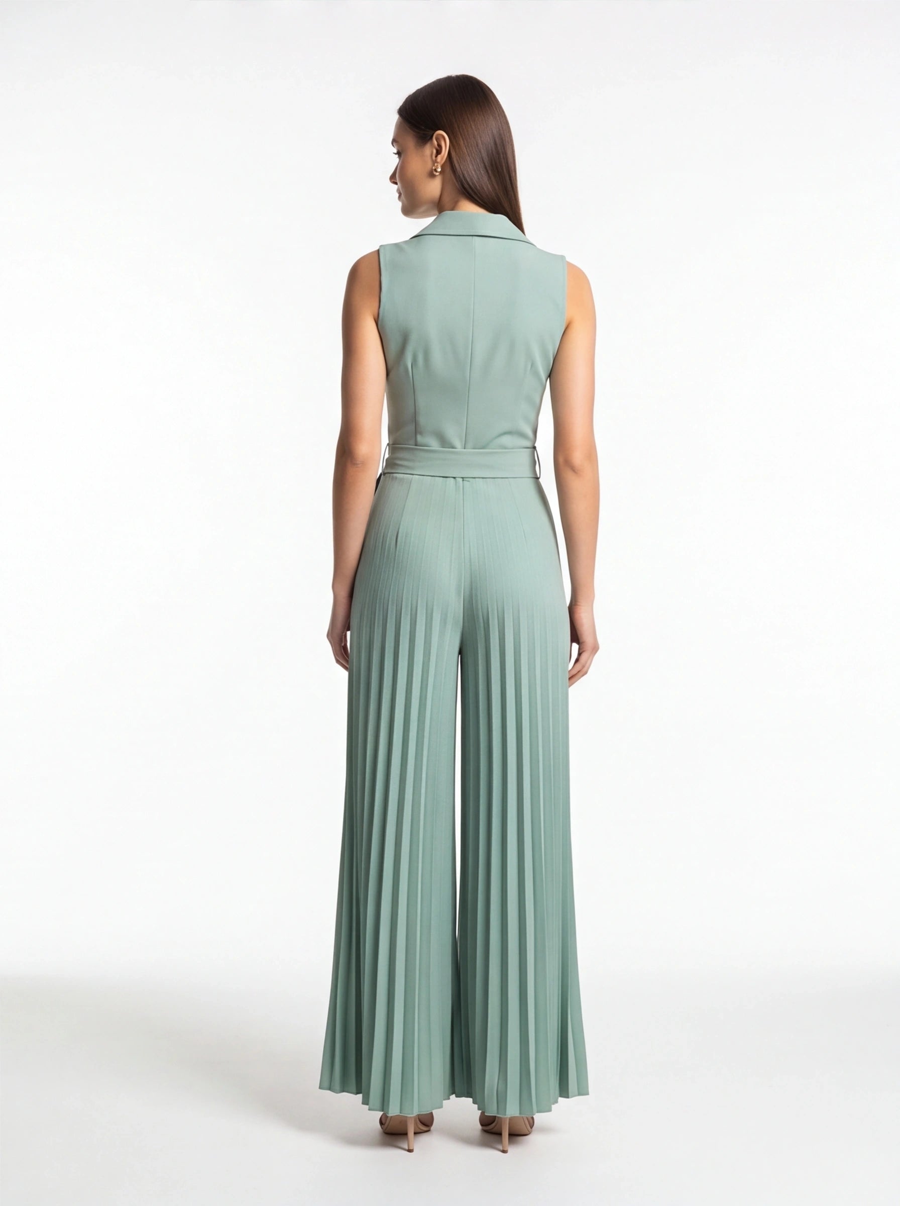 Wide-Leg Jumpsuit with Notched Collar and Belted Waist by Jamota One-Pieces Jumpsuits