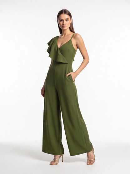 Backless Wide-Leg Jumpsuit with Ruffle Tie Panel - Jamota