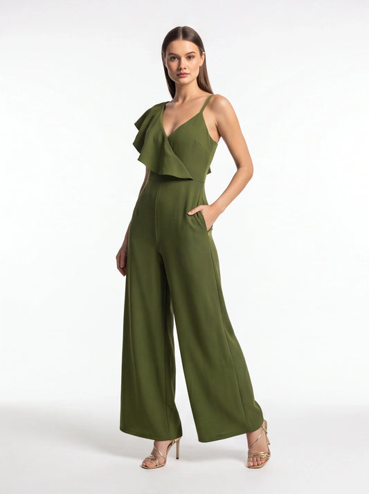 Backless Wide-Leg Jumpsuit with Ruffle Tie Panel - Jamota