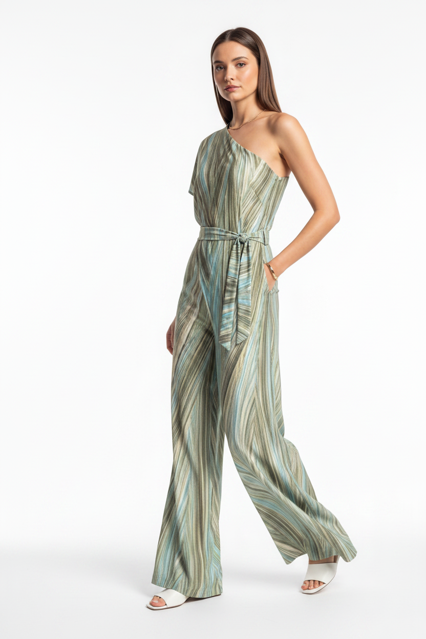 Elegant Abstract Print Wide Leg Jumpsuit with Pockets and Belted Waist - Jamota