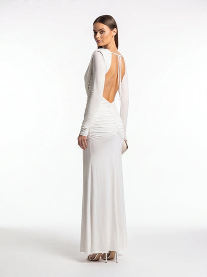 Elegant Backless Black Maxi Dress with Adjustable Straps & Flowing Sil