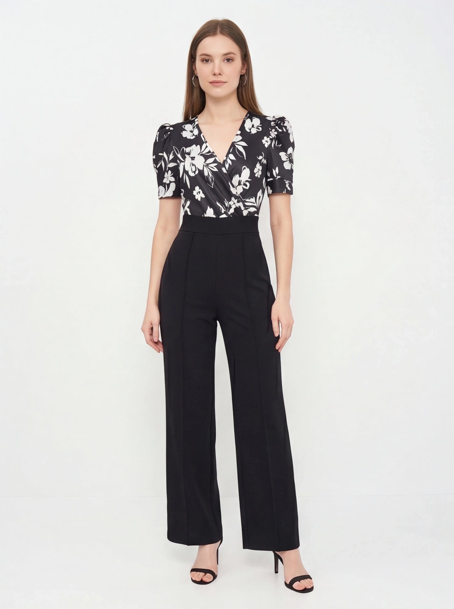 Jamota black floral print jumpsuit with belted waist and wide-leg pants