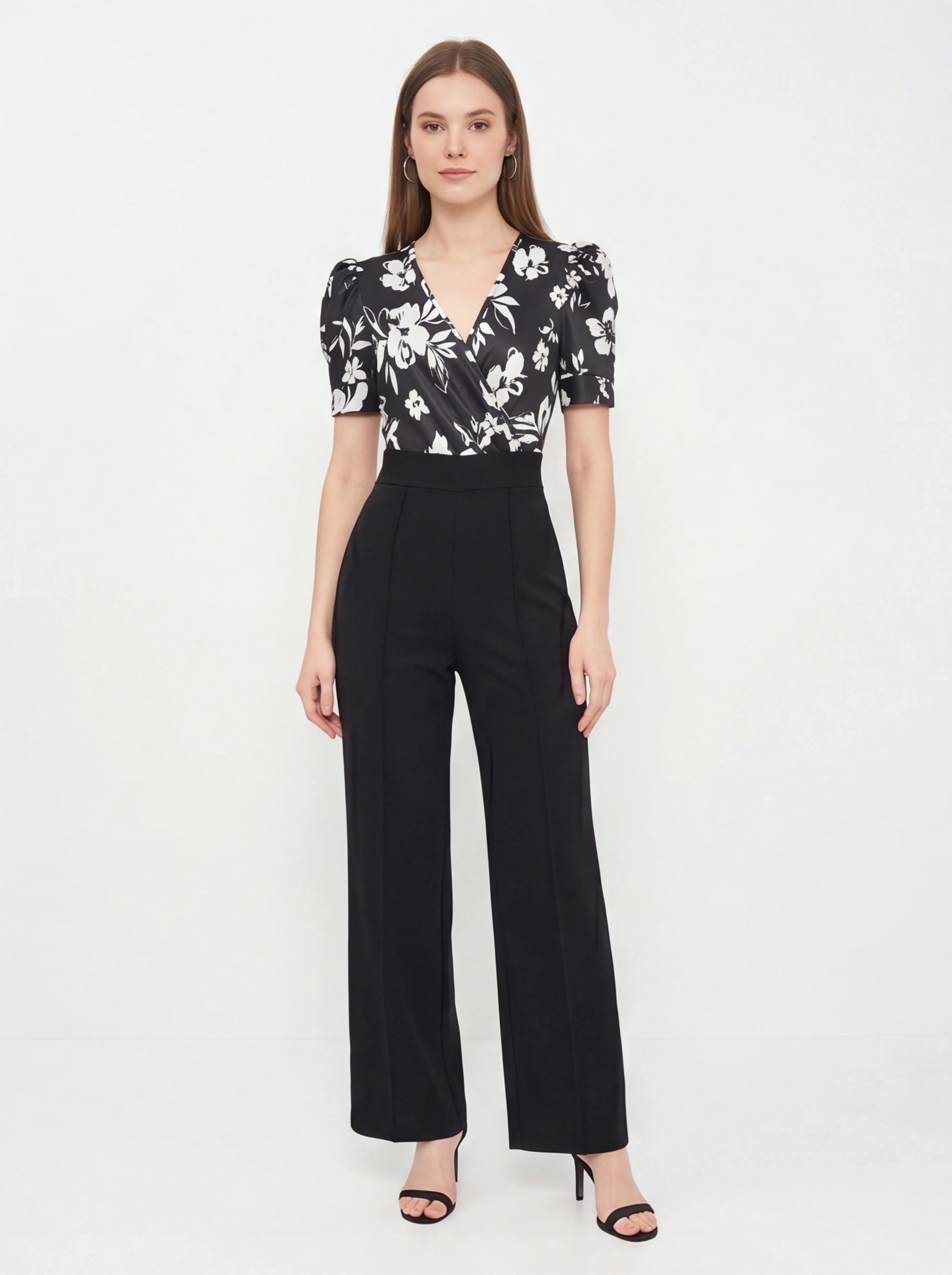 Jamota black floral print jumpsuit with belted waist and wide-leg pants