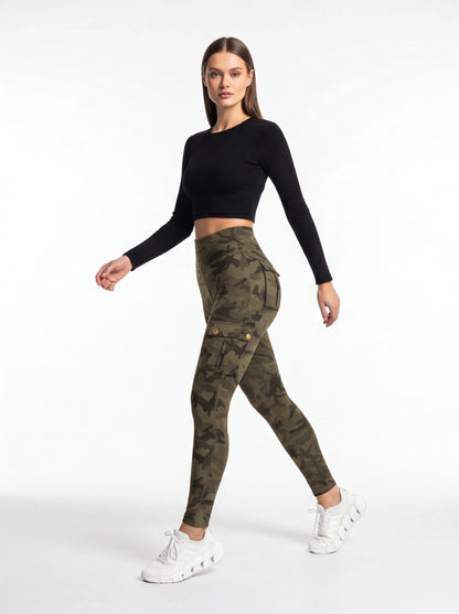 Trendy Camouflage High-Waist Leggings with Pockets and Stretch Fabric