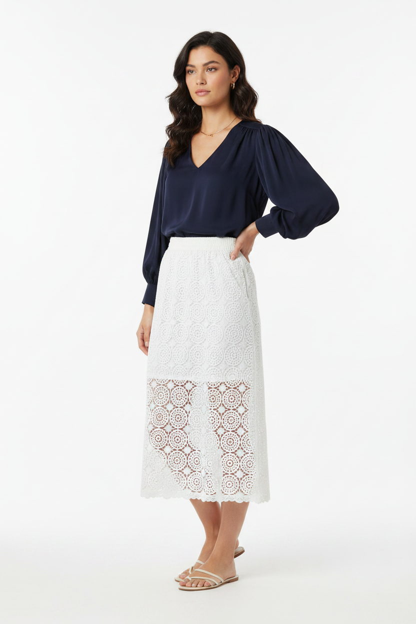 Black Crochet Midi Skirt with Pockets by Jamota Skirts Skirts