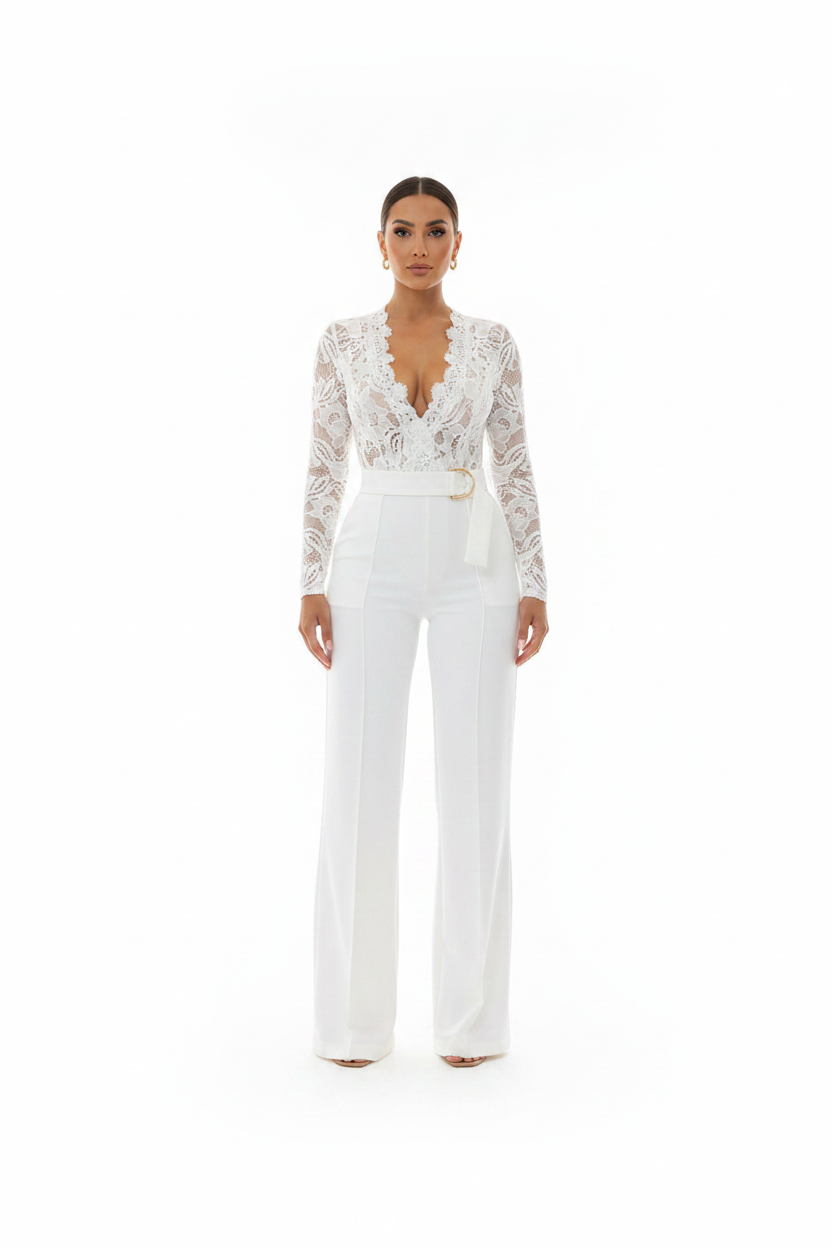 Elegant Floral Lace Jumpsuit with Pockets and Adjustable Straps by Jamota One-Pieces Women's Jumpsuits & Rompers