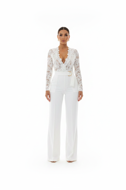 Elegant Floral Lace Jumpsuit with Pockets and Adjustable Straps by Jamota One-Pieces Women's Jumpsuits & Rompers