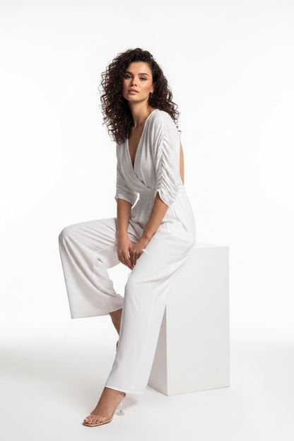 Backless Wide-Leg Jumpsuit with Ruched Waist by Jamota One-Pieces Jumpsuits