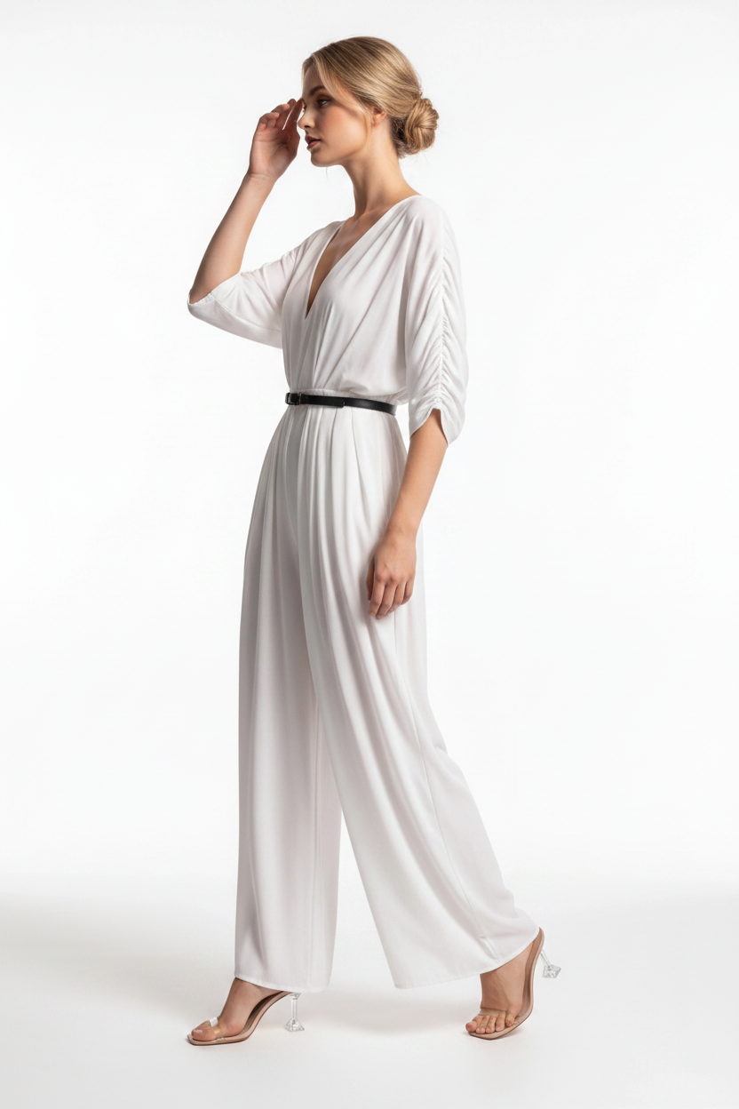 Backless Wide-Leg Jumpsuit with Ruched Waist by Jamota One-Pieces Jumpsuits