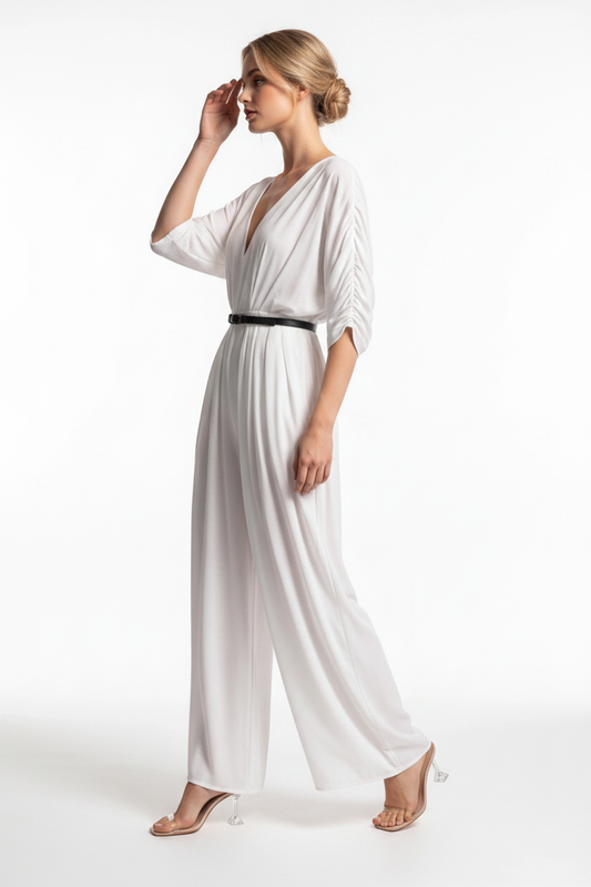 Backless Wide-Leg Jumpsuit with Ruched Waist by Jamota One-Pieces Jumpsuits