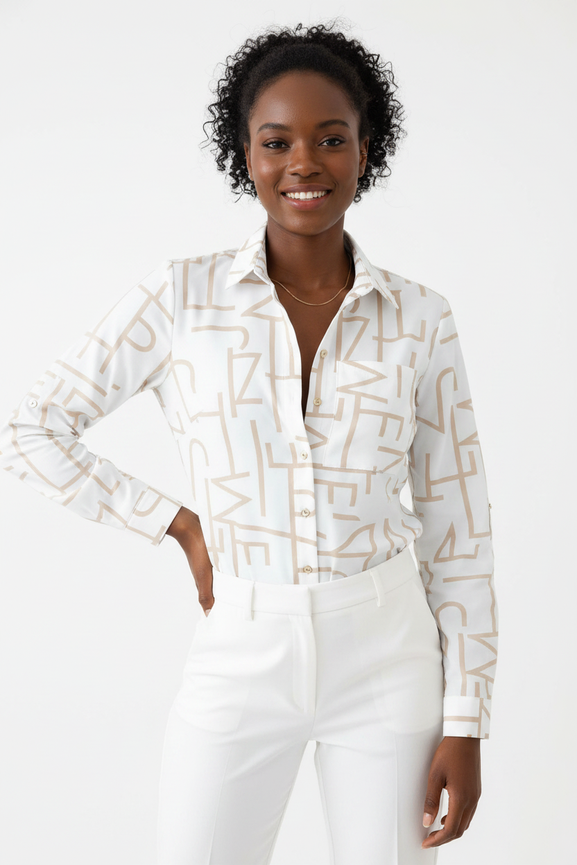 Structured Graphic Print Shirt with Roll-Tab Sleeves - Jamota