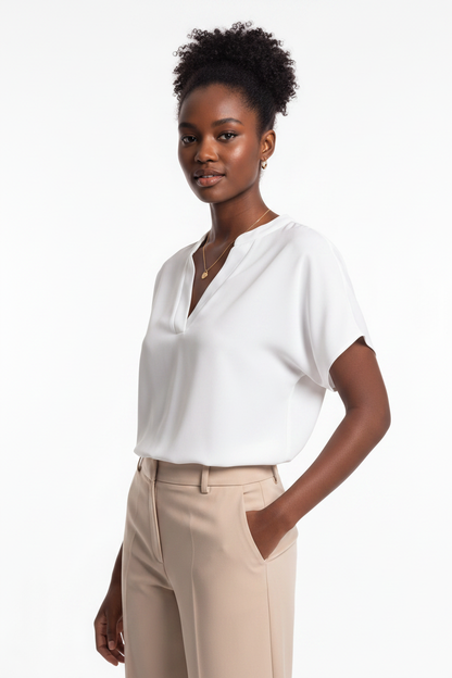 Elegant Soft V Neck Blouse with Lightweight Fabric and Relaxed Fit by Jamota Clothing Tops Women's Tops