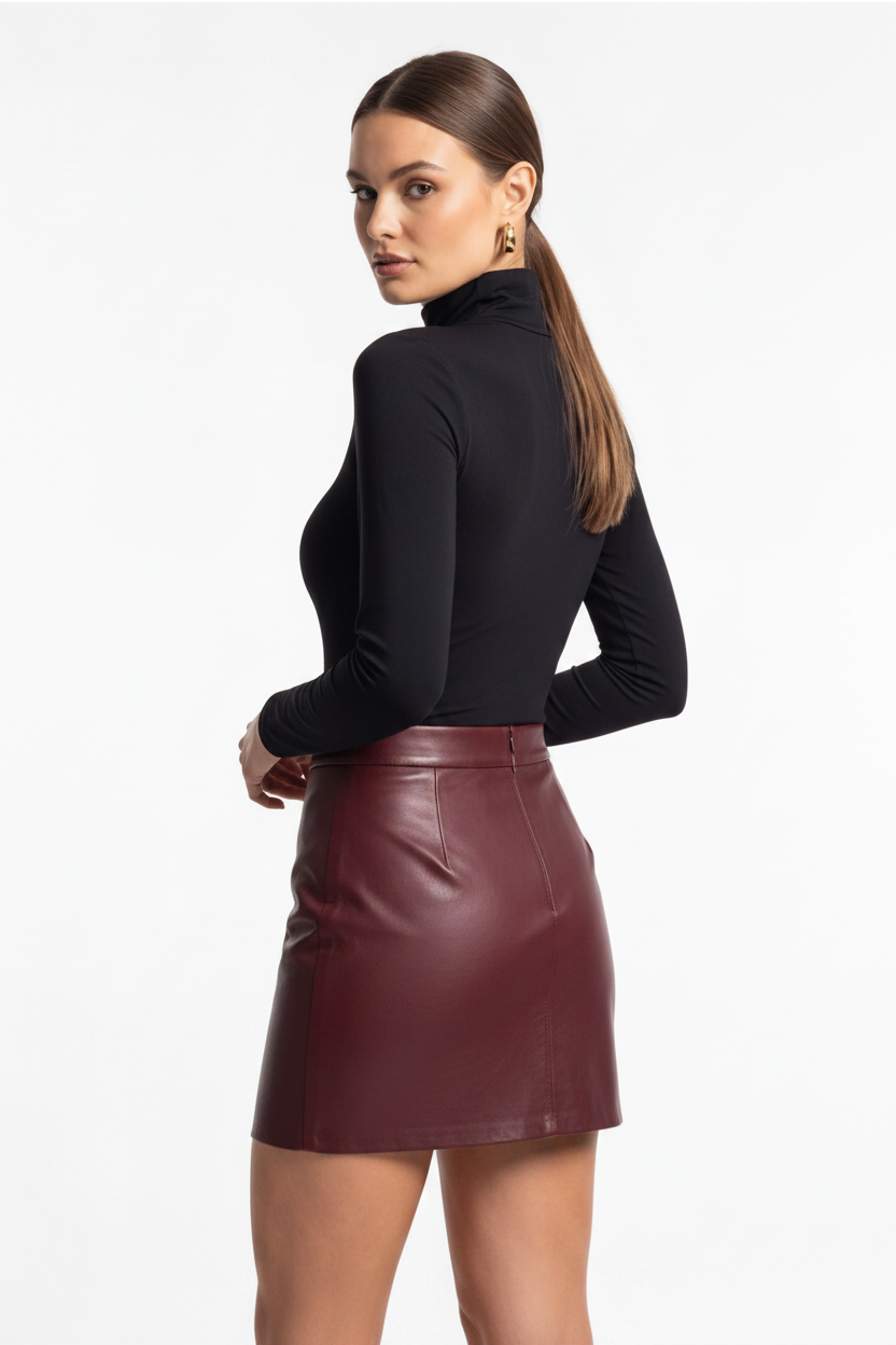 Wine Red Mini Leather Skirt