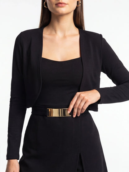 Jamota black jumpsuit with blazer set, tailored fit, gold belt.
