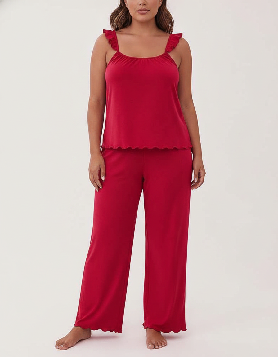 Women's Frill Trim Pajama Set with Pockets | Soft & Comfortable Sleepw - Jamota