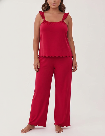 Women's Frill Trim Pajama Set with Pockets | Soft & Comfortable Sleepw - Jamota