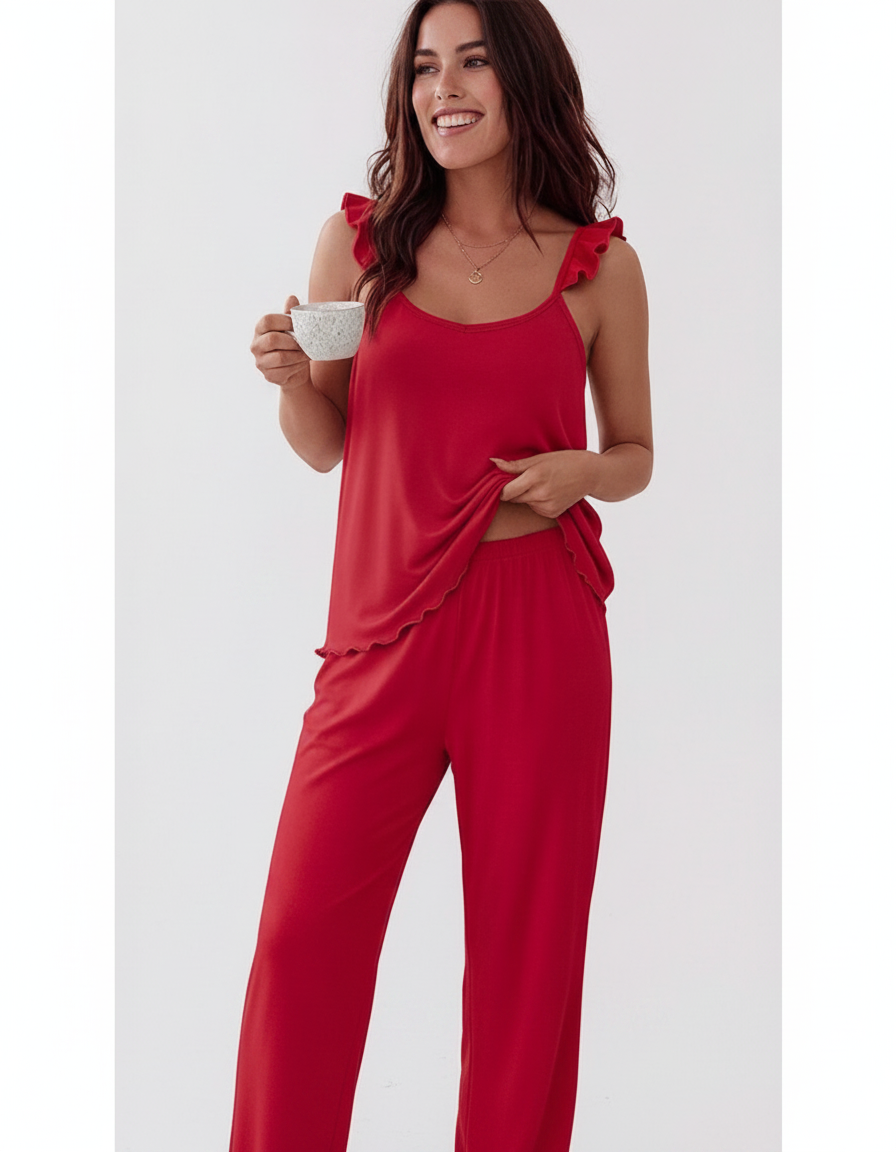 Women's Frill Trim Pajama Set with Pockets | Soft & Comfortable Sleepw - Jamota