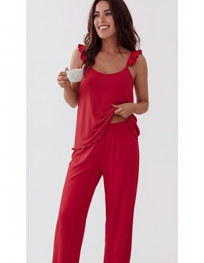 Women's Frill Trim Pajama Set with Pockets | Soft & Comfortable Sleepw - Jamota