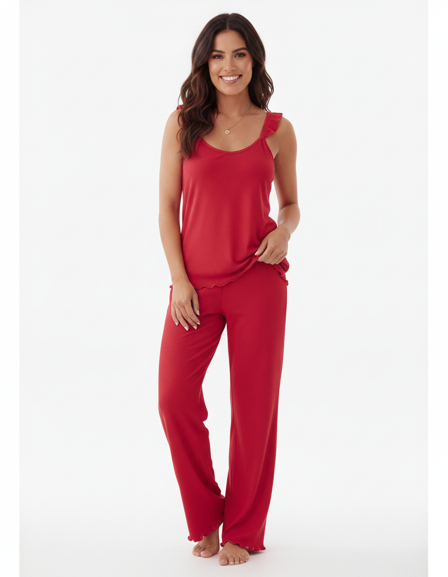 Women's Frill Trim Pajama Set with Pockets | Soft & Comfortable Sleepw - Jamota