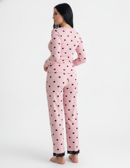 Women's Heart Print Lounge Set with Lace Trim | Cozy Home Comfort - Jamota