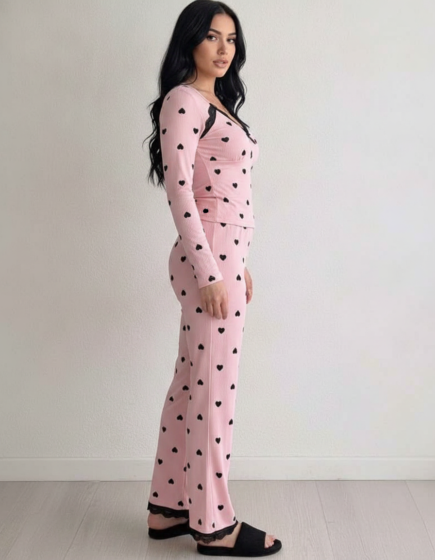 Women's Heart Print Lounge Set with Lace Trim | Cozy Home Comfort - Jamota