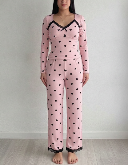 Women's Heart Print Lounge Set with Lace Trim | Cozy Home Comfort - Jamota