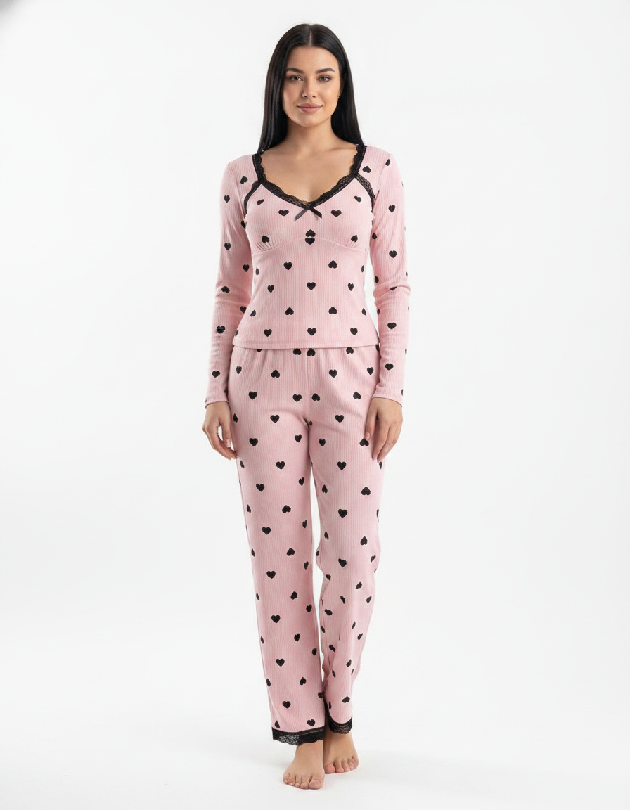 Women's Heart Print Lounge Set with Lace Trim | Cozy Home Comfort - Jamota