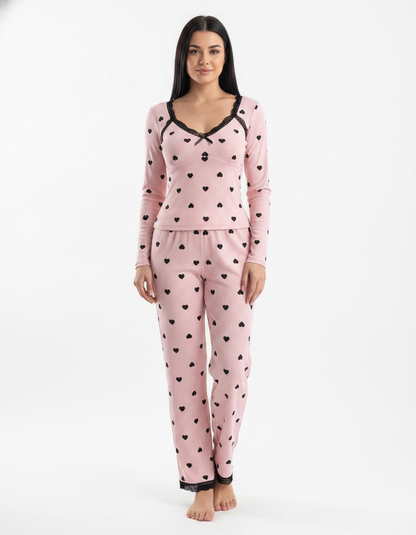 Women's Heart Print Lounge Set with Lace Trim | Cozy Home Comfort - Jamota