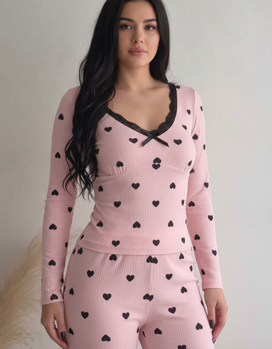 Women's Heart Print Lounge Set with Lace Trim | Cozy Home Comfort - Jamota