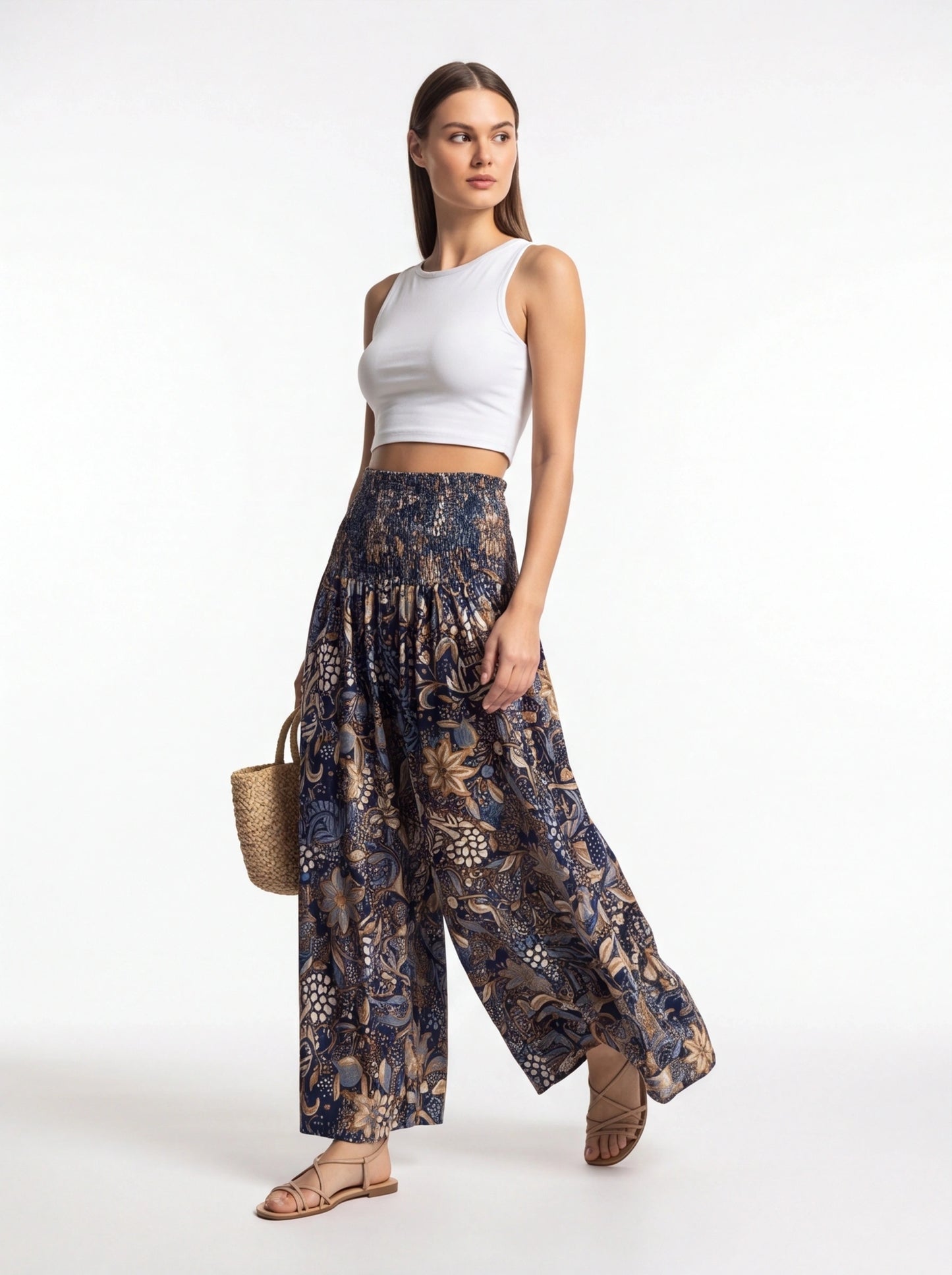 Vintage Floral Print High Waist Wide Leg Pants with Shirred Detail