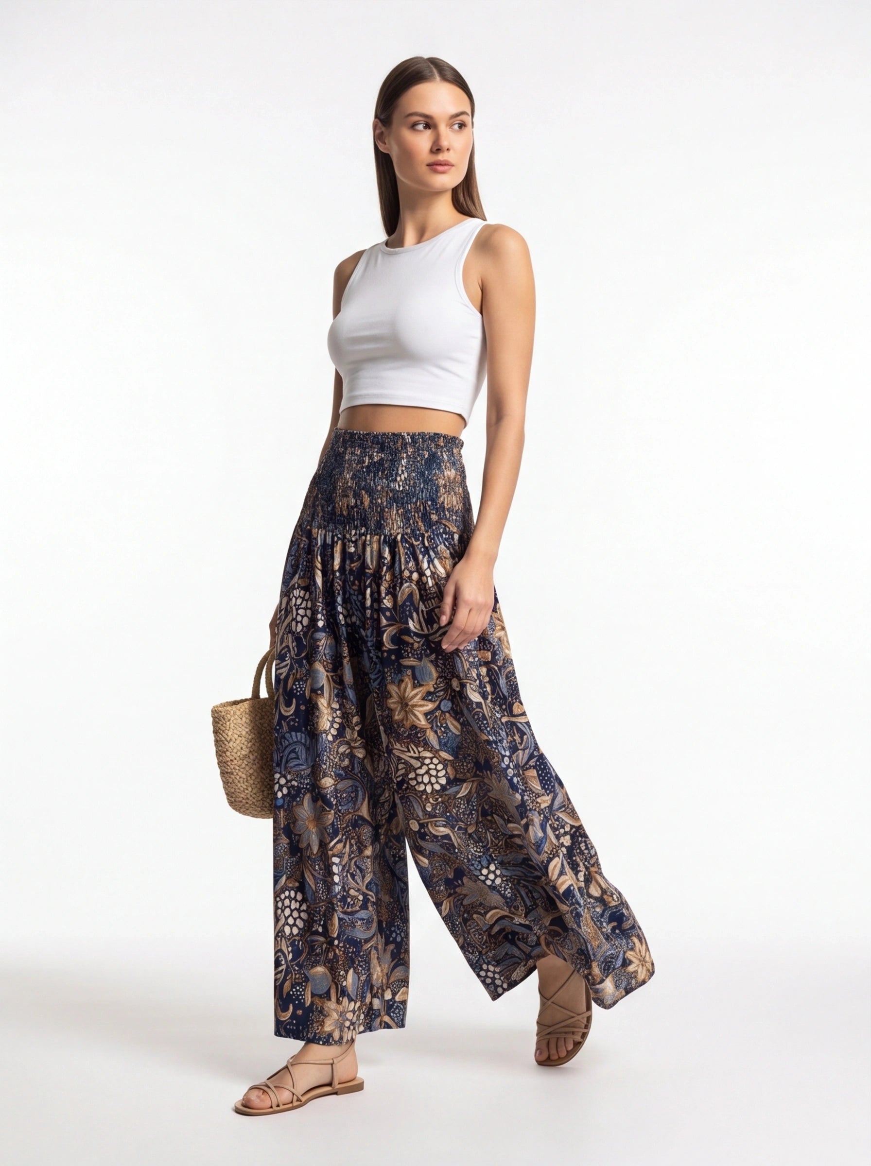 Vintage Floral Print High Waist Wide Leg Pants with Shirred Detail