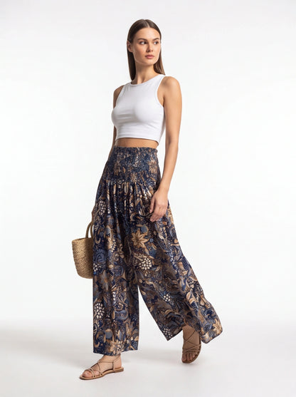 Vintage Floral Print High Waist Wide Leg Pants with Shirred Detail