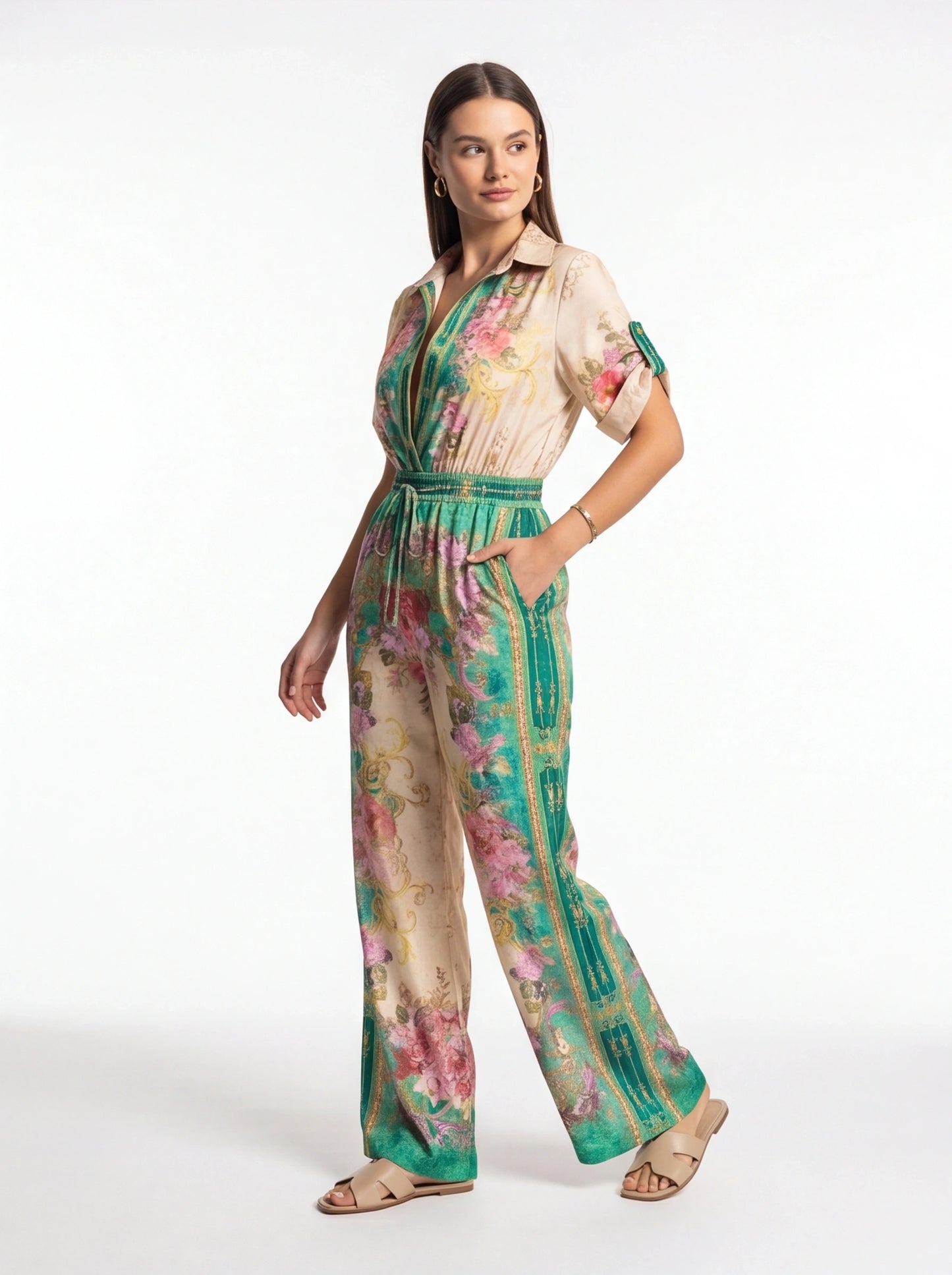 Floral Wide-Leg Jumpsuit with Roll-Up Sleeves - Jamota